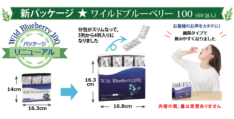 ワイルドブルーベリー100パッケージデザイン変更のご案内