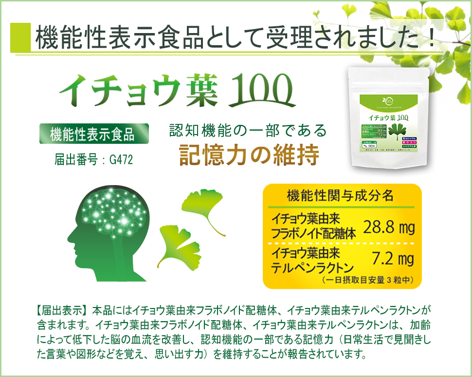 イチョウ葉100は、機能性表示食品として受理されました