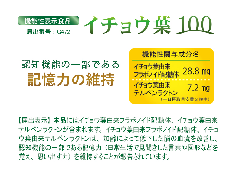 機能性表示食品　イチョウ葉100　認知機能の一部である記憶力の維持