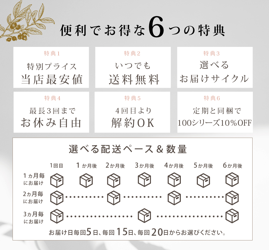 定期購入だけのサービス　初回500円引き特典有。　1、当店最安値　2，送料無料　3，選べるお届けサイクル　4、4回目より解約OK　5，最長3回までお休み自由　6，定期と同梱で100シリーズ10％OFF